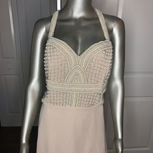NEW nude sweetheart style flowy pearl maxi gown